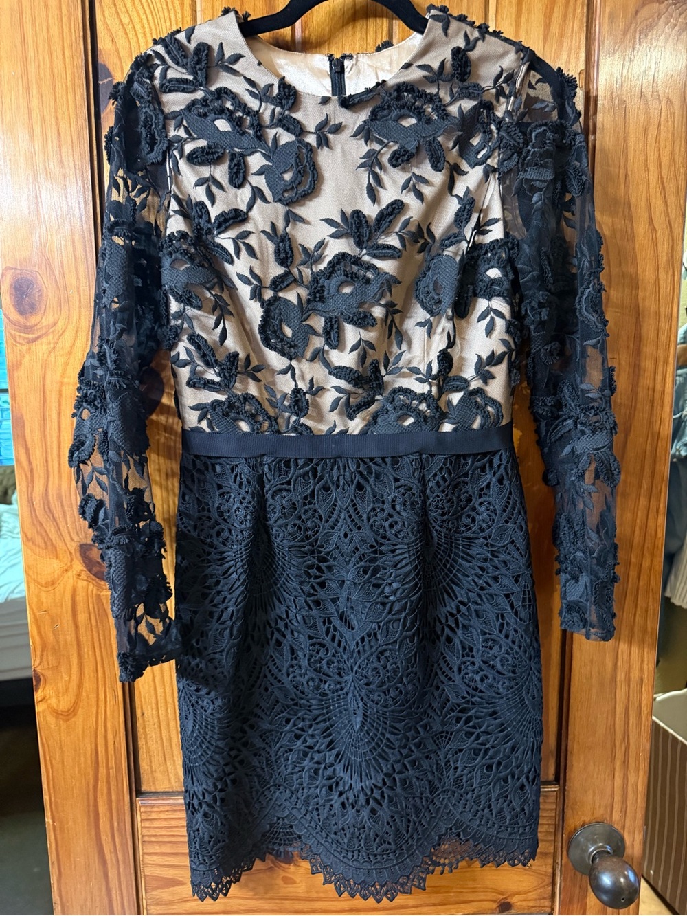 Monique Lhuillier Black Lace Overlay Dress with Nude Lining
